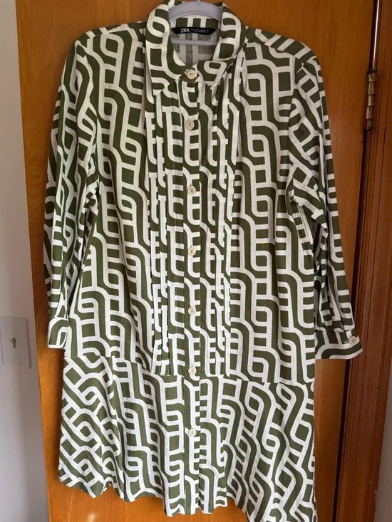 Zara Olive Green and White Geometric Long Sleeve Dress - Picture 1 of 4